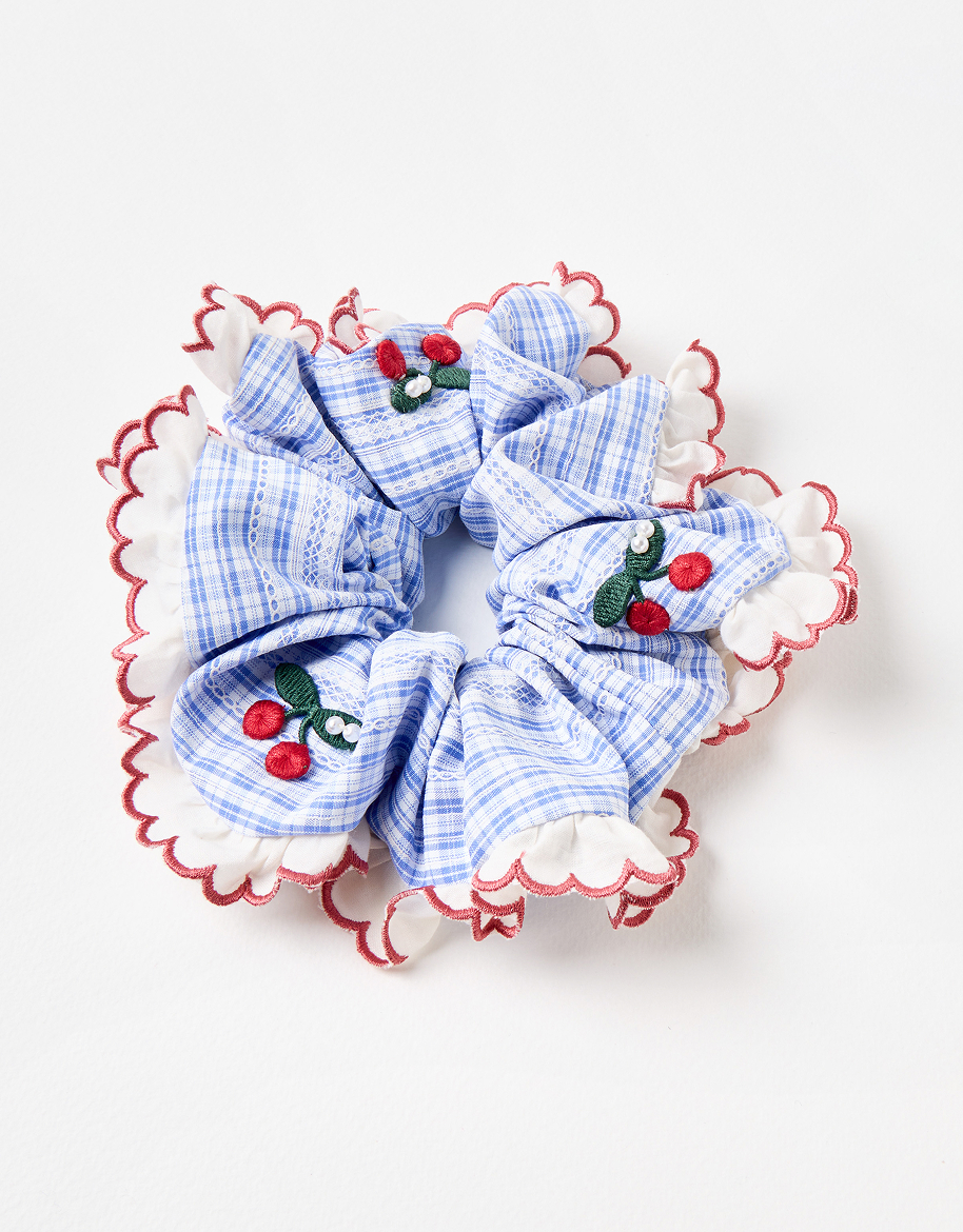 Keely Blue Gingham Cherry Detail Frill Trim Scrunchie